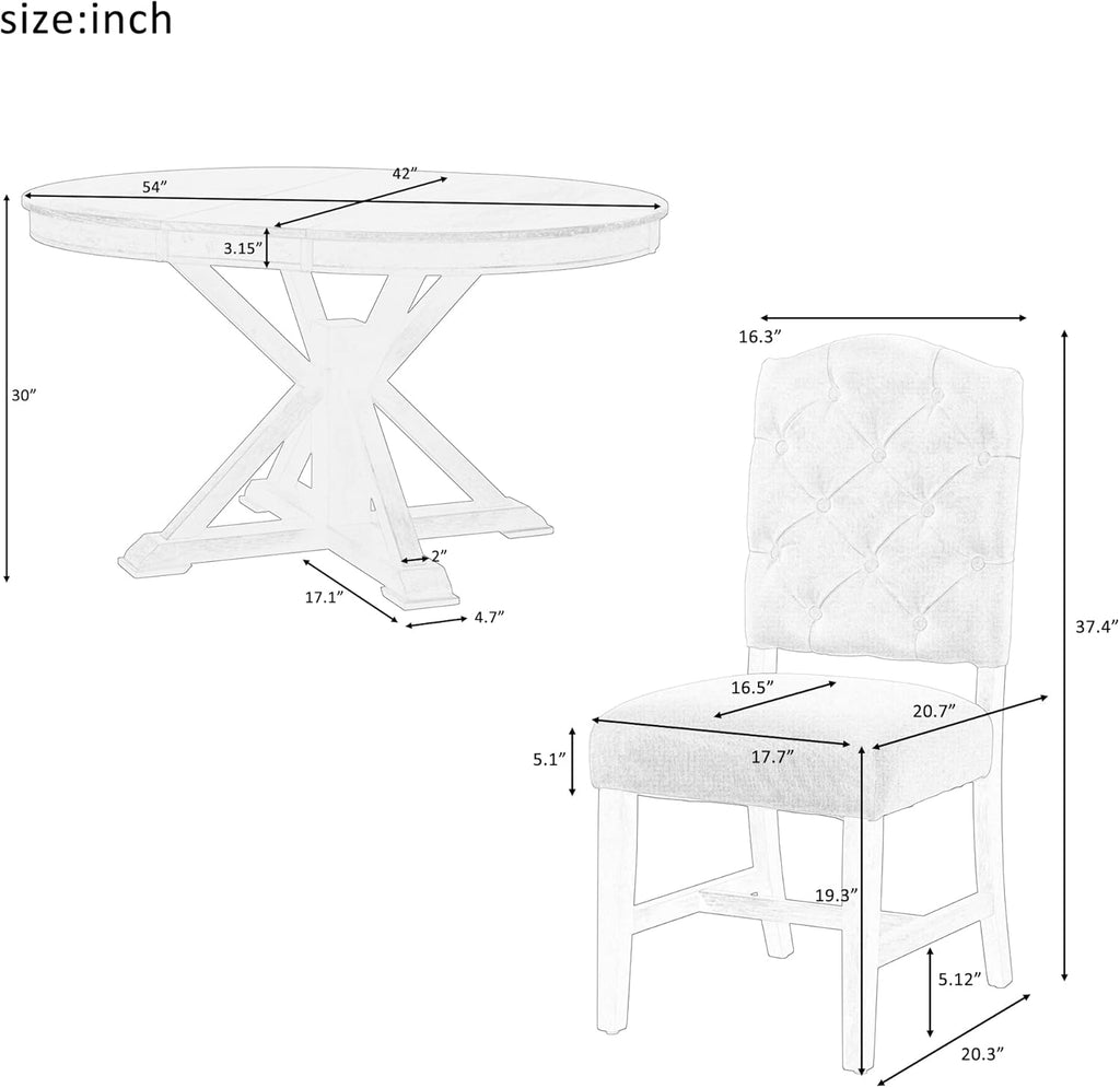 5-Piece Solid Wood Dining Table Set for 4, Extendable Round Kitchen Table Set with 4 Upholstered Chairs, Farmhouse Table and Chairs Set for Kitchen, Dining Room, Living Room, Natural