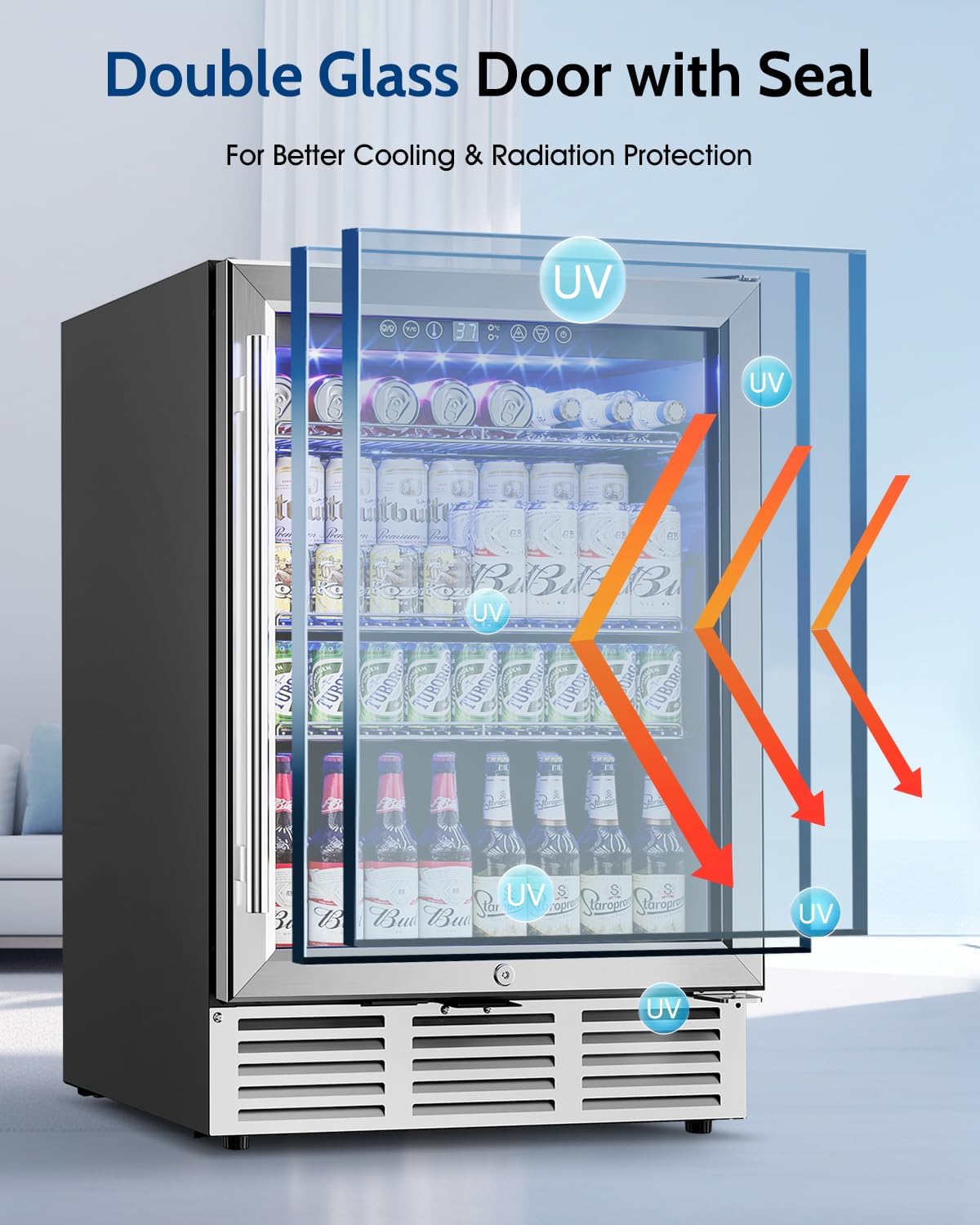 24 inch Beverage Refrigerator - 180 Cans Under Counter Beverage Fridge with Glass Door & Safety Lock for Beer Wine Soda, Built-in or Freestanding Drink Fridge for Home Office Kitchen or Bar