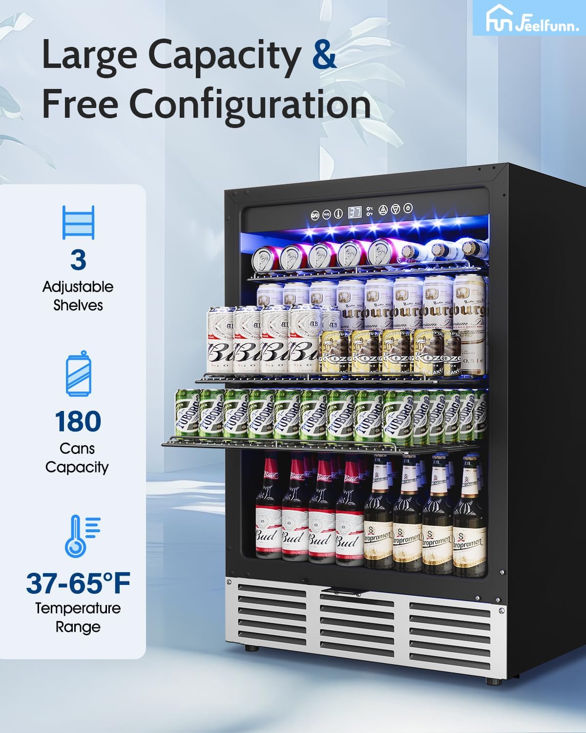 24 inch Beverage Refrigerator - 180 Cans Under Counter Beverage Fridge with Glass Door & Safety Lock for Beer Wine Soda, Built-in or Freestanding Drink Fridge for Home Office Kitchen or Bar