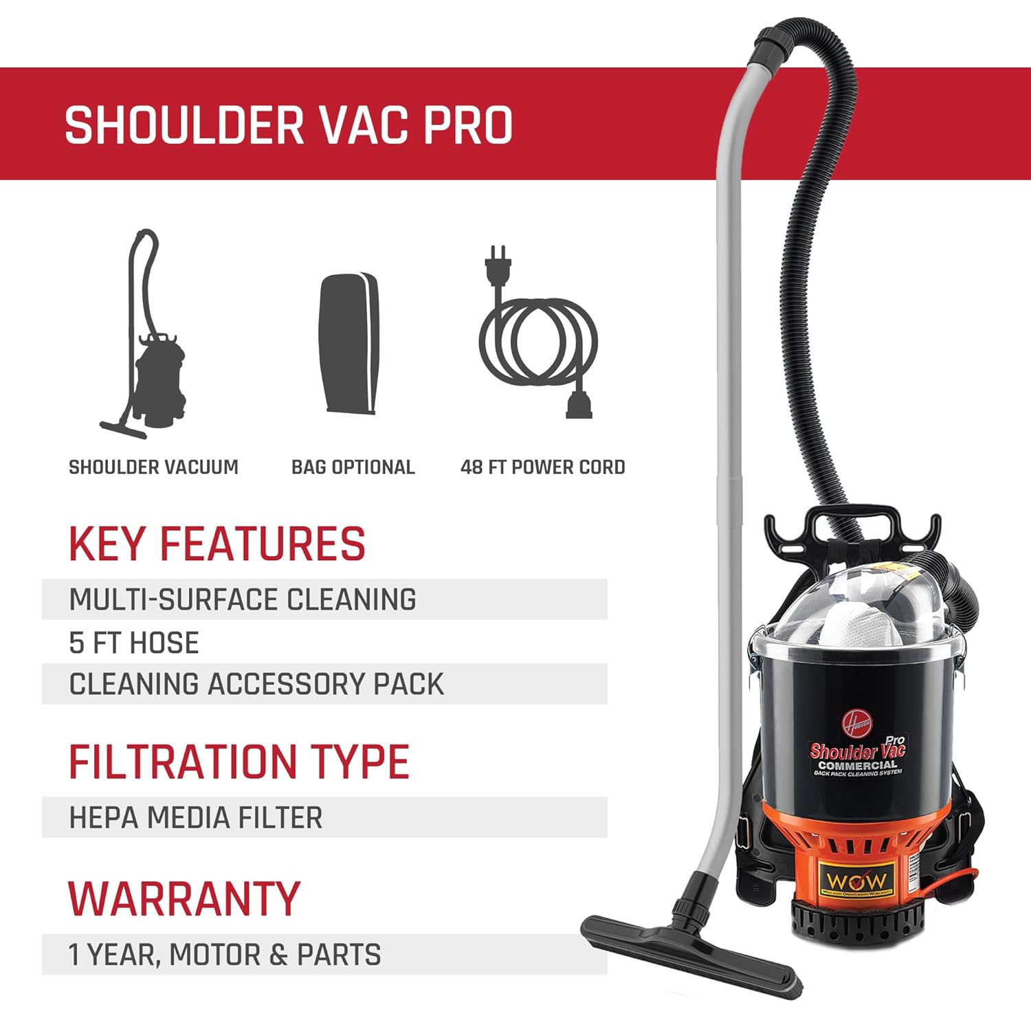 Commercial Shoulder Vac Pro Backpack Bagged Vacuum Cleaner, with HEPA Media Filter, Lightweight with Extra Long Cord, Chiropractic Design, for Carpet and Hard Floors, C2401, Black