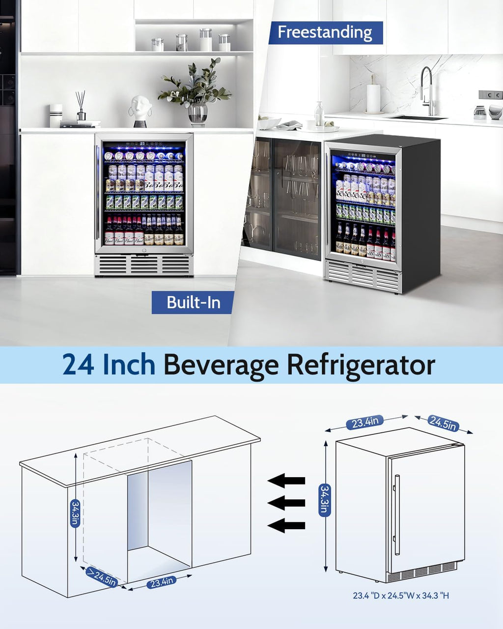 24 inch Beverage Refrigerator - 180 Cans Under Counter Beverage Fridge with Glass Door & Safety Lock for Beer Wine Soda, Built-in or Freestanding Drink Fridge for Home Office Kitchen or Bar