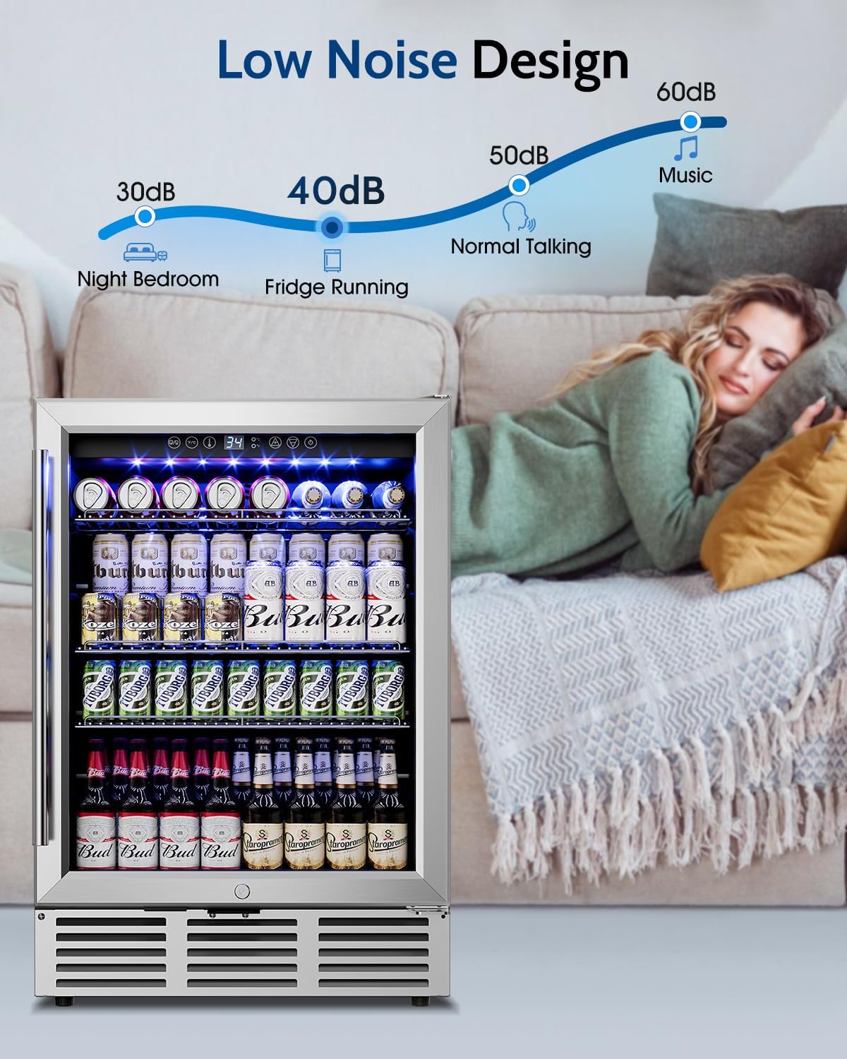 24 inch Beverage Refrigerator - 180 Cans Under Counter Beverage Fridge with Glass Door & Safety Lock for Beer Wine Soda, Built-in or Freestanding Drink Fridge for Home Office Kitchen or Bar