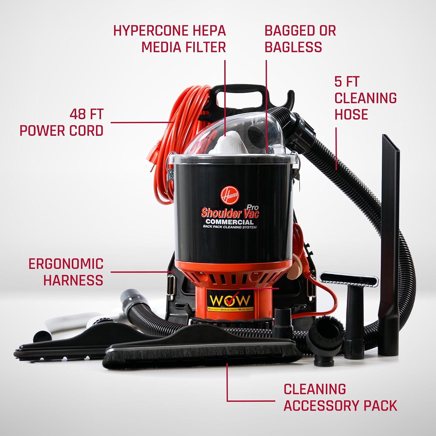 Commercial Shoulder Vac Pro Backpack Bagged Vacuum Cleaner, with HEPA Media Filter, Lightweight with Extra Long Cord, Chiropractic Design, for Carpet and Hard Floors, C2401, Black
