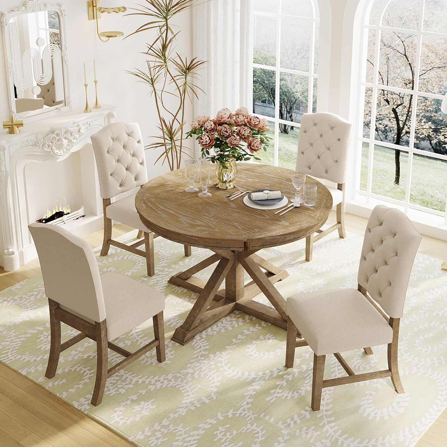 5-Piece Solid Wood Dining Table Set for 4, Extendable Round Kitchen Table Set with 4 Upholstered Chairs, Farmhouse Table and Chairs Set for Kitchen, Dining Room, Living Room, Natural