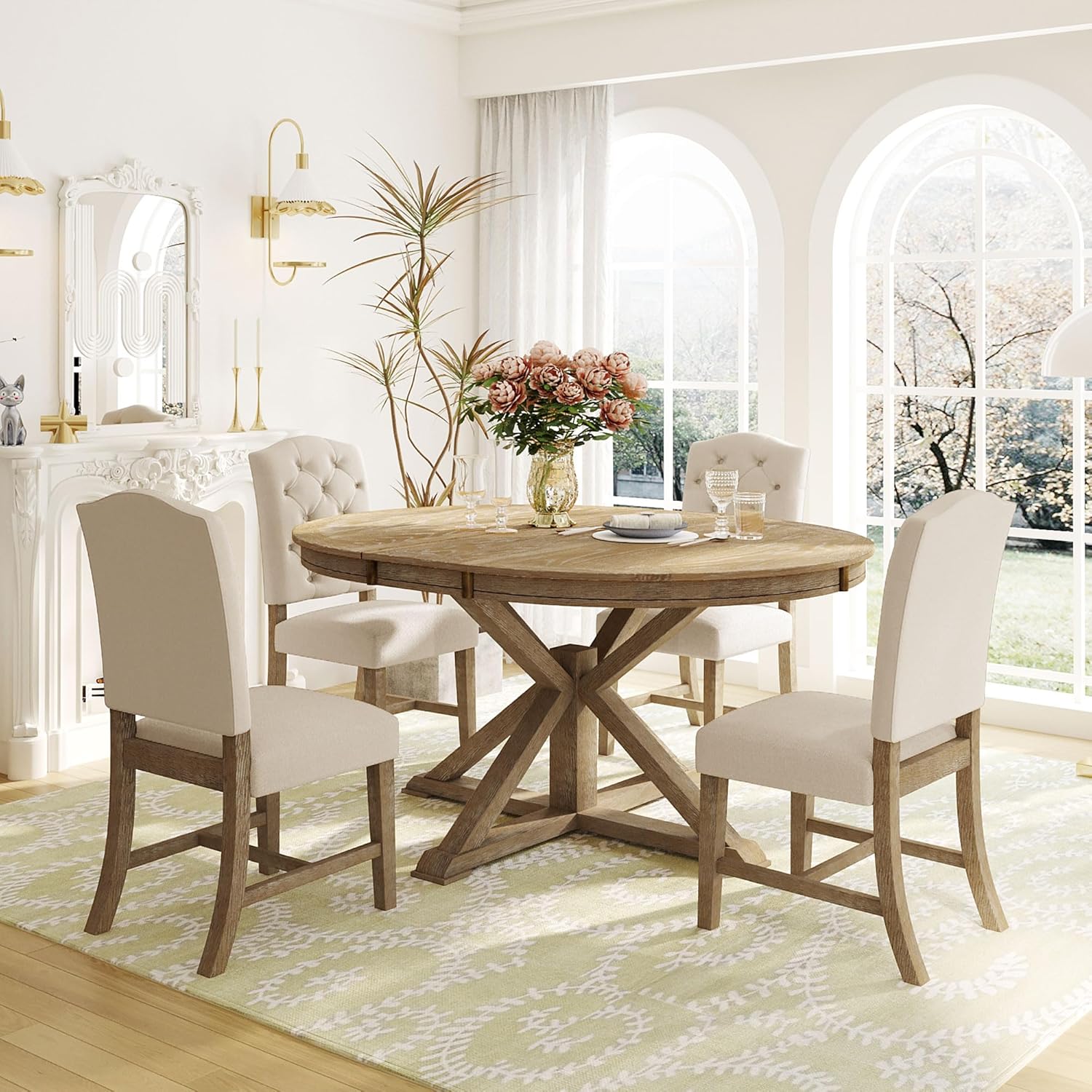 5-Piece Solid Wood Dining Table Set for 4, Extendable Round Kitchen Table Set with 4 Upholstered Chairs, Farmhouse Table and Chairs Set for Kitchen, Dining Room, Living Room, Natural