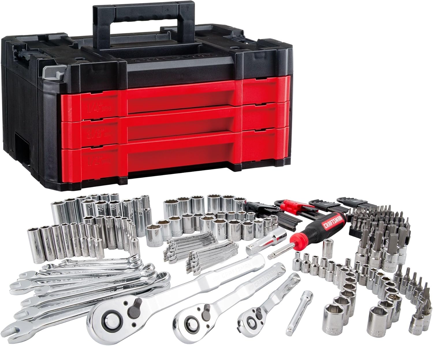 230 Pcs Mechanics Tool Set, Socket Wrench Set, Car Tool Kit with VERSASTACK Toolbox, SAE and Metric,1/4 in, 3/8 in, and 1/2 Drive, Short and Long Arm Hex Keys (CMMT45306)