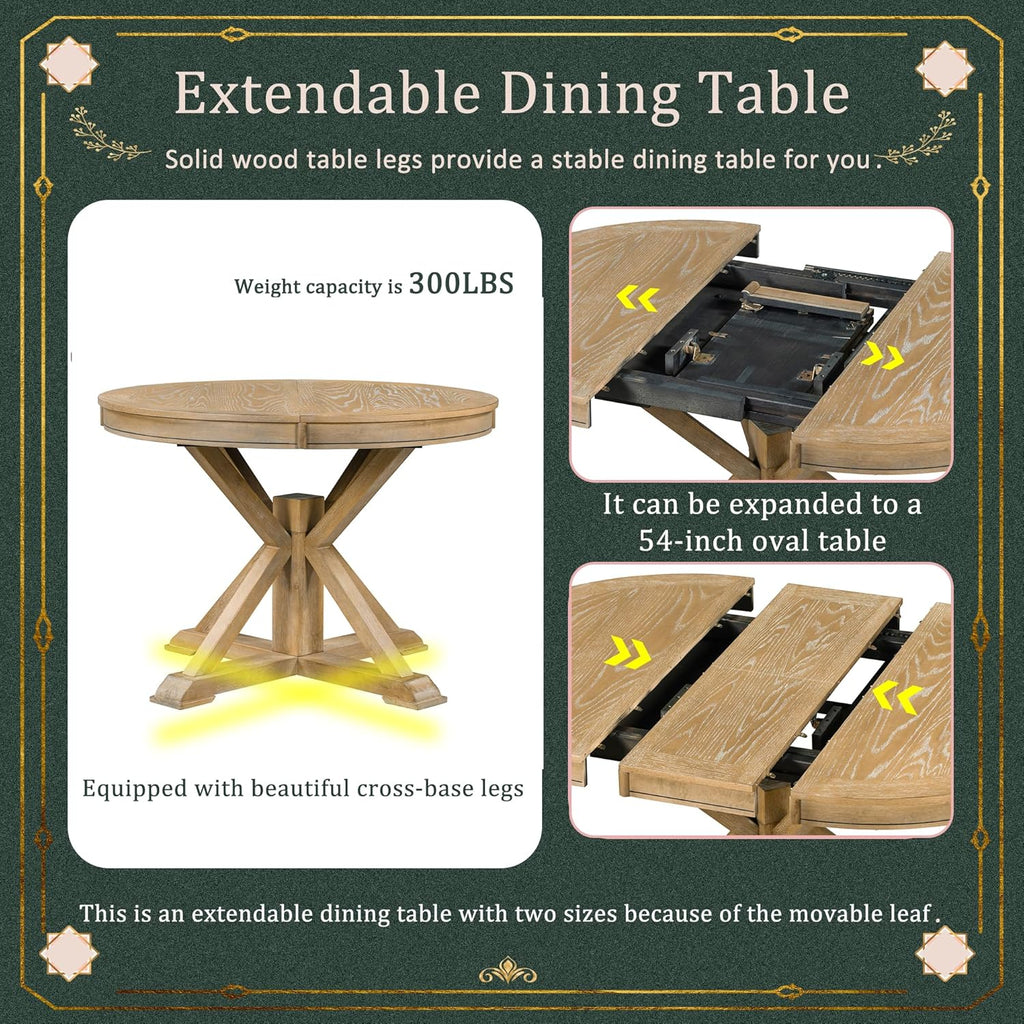 5-Piece Solid Wood Dining Table Set for 4, Extendable Round Kitchen Table Set with 4 Upholstered Chairs, Farmhouse Table and Chairs Set for Kitchen, Dining Room, Living Room, Natural