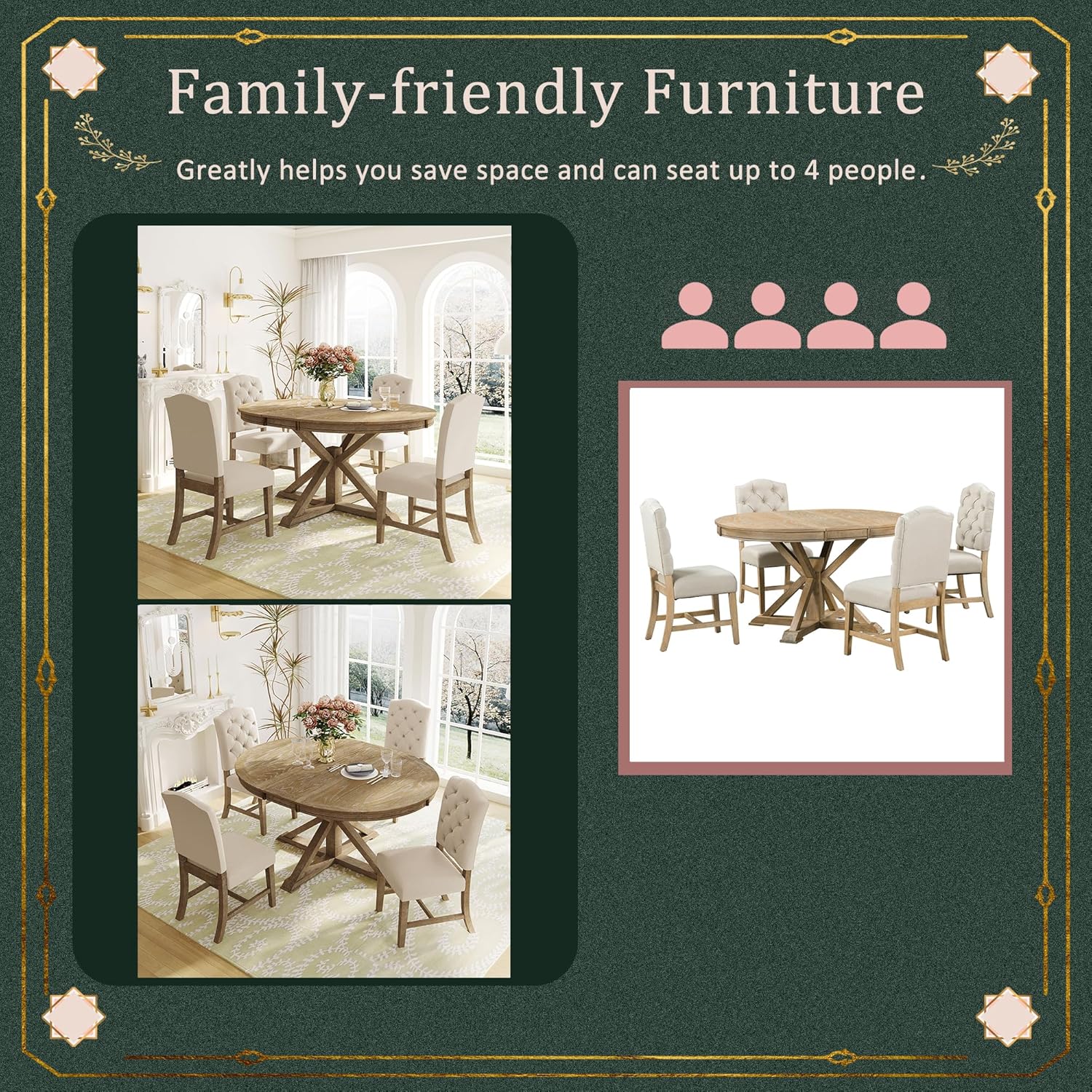 5-Piece Solid Wood Dining Table Set for 4, Extendable Round Kitchen Table Set with 4 Upholstered Chairs, Farmhouse Table and Chairs Set for Kitchen, Dining Room, Living Room, Natural