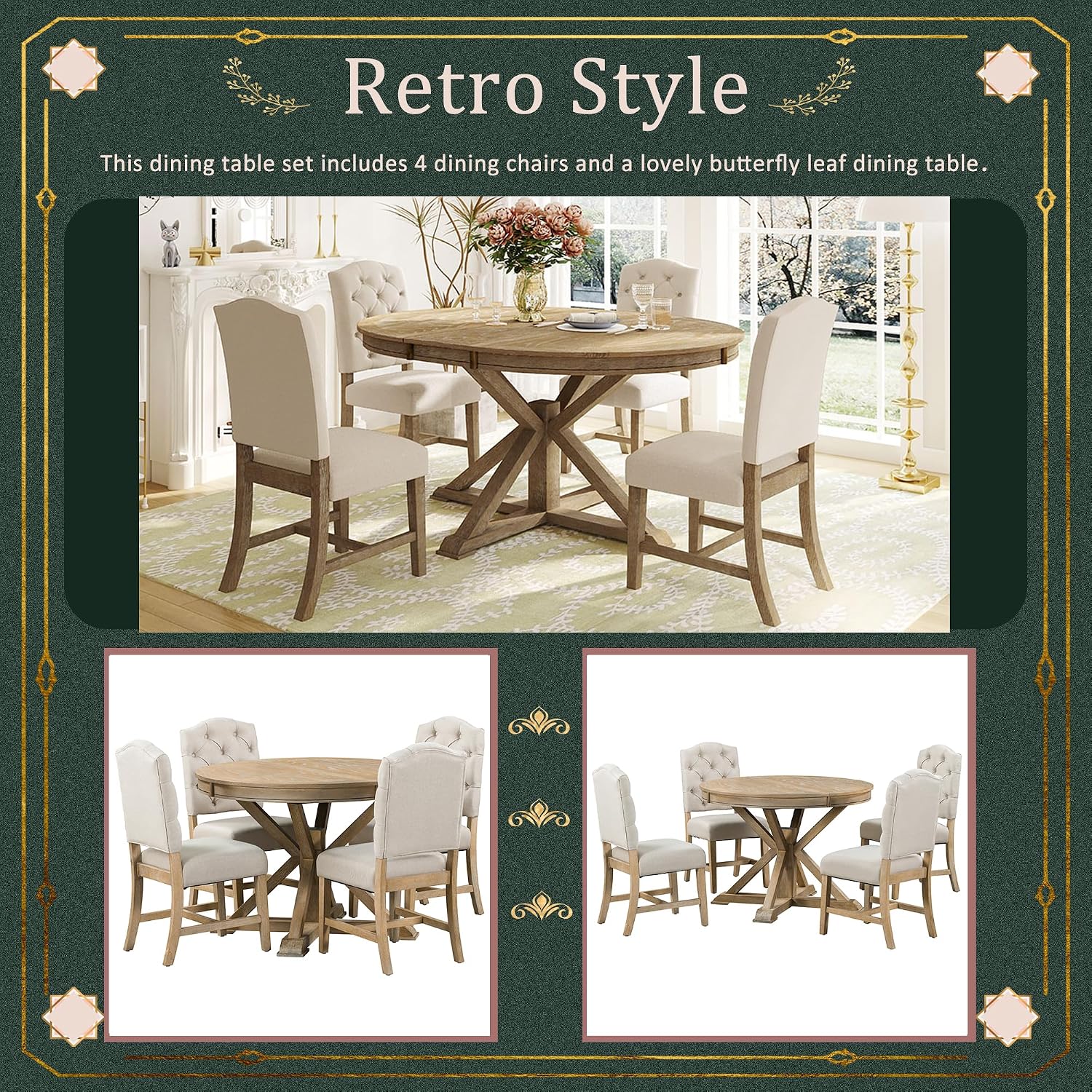 5-Piece Solid Wood Dining Table Set for 4, Extendable Round Kitchen Table Set with 4 Upholstered Chairs, Farmhouse Table and Chairs Set for Kitchen, Dining Room, Living Room, Natural